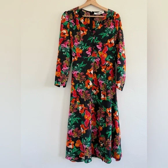 Diane von Furstenberg Silk Black Floral Print Silk Midi Dress size 6 (S) - Picture 6 of 16